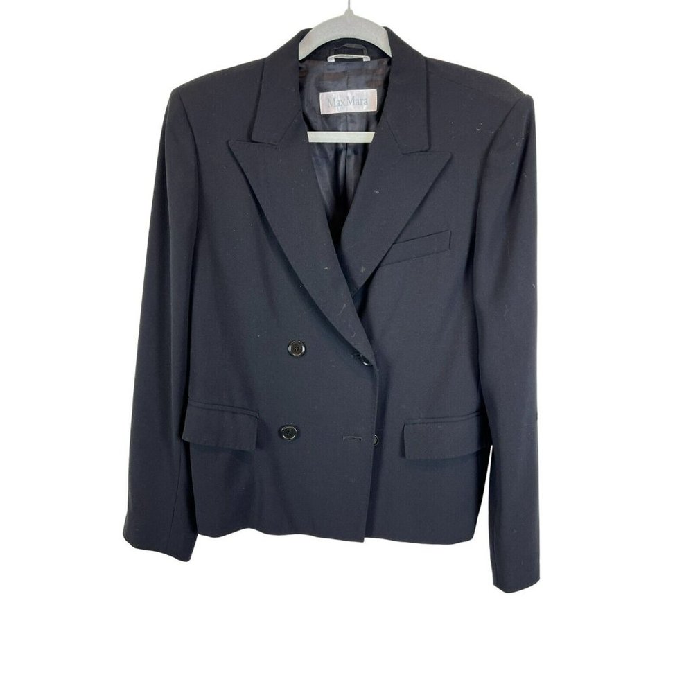 Max Mara Double Breasted Blazer Jacket Notch Collar Lined Wool Black Size 12